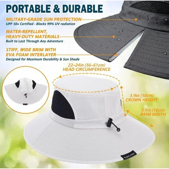 Unisex White 100% Polyester Wide Brim Mesh Vents With Chin Strap Fishing Sun Hat - Picture 6 of 7